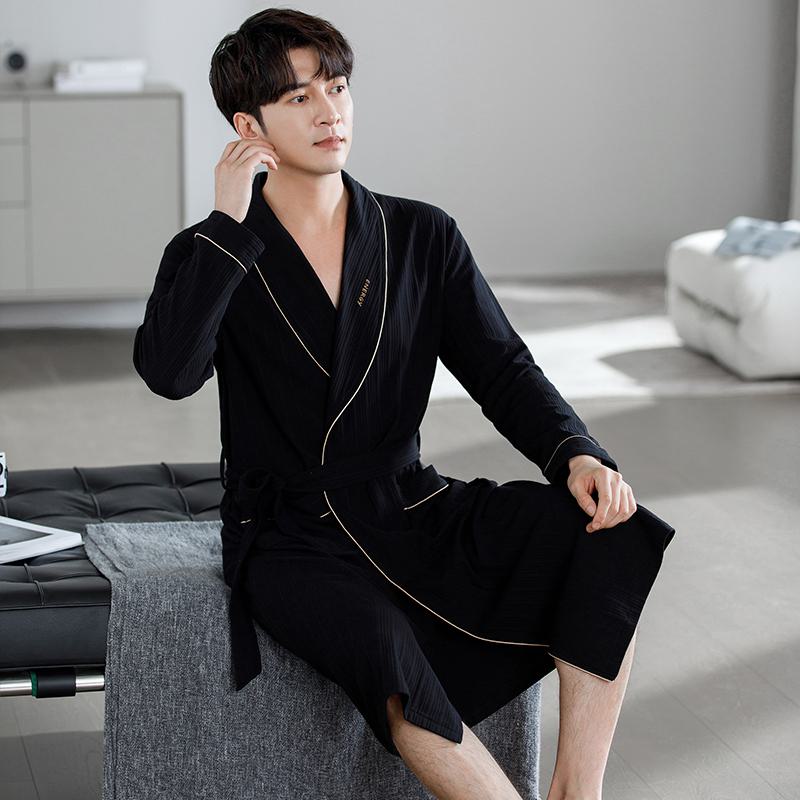 Long Sleeve Black Belted Cotton Night Robe