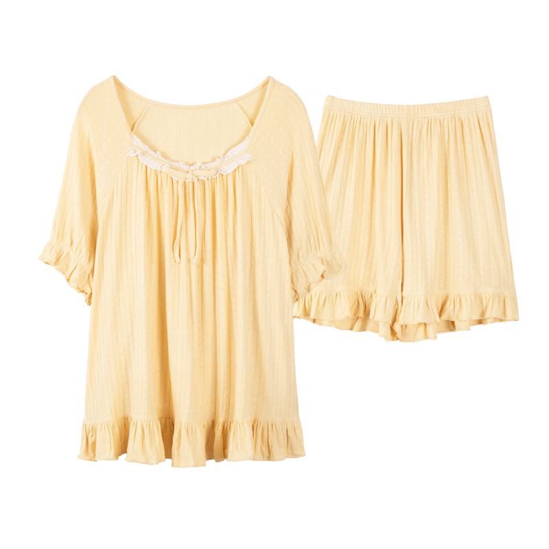 Solid Color Pleated Yellow Cute Modal Pj Set