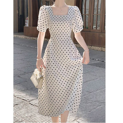 Midi French Style Slim-Fit Square Collar Polka Dot Slimming A-Line Skirt Dress