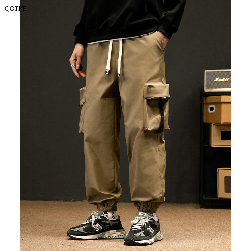 Elasticity Tapered Street Style Bellows Pocket Loose Fit Cargo Pants