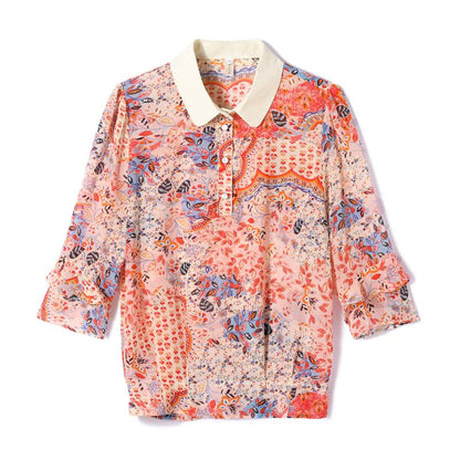 Versatile Belly-Covering Print V-Neck Chiffon Shirt