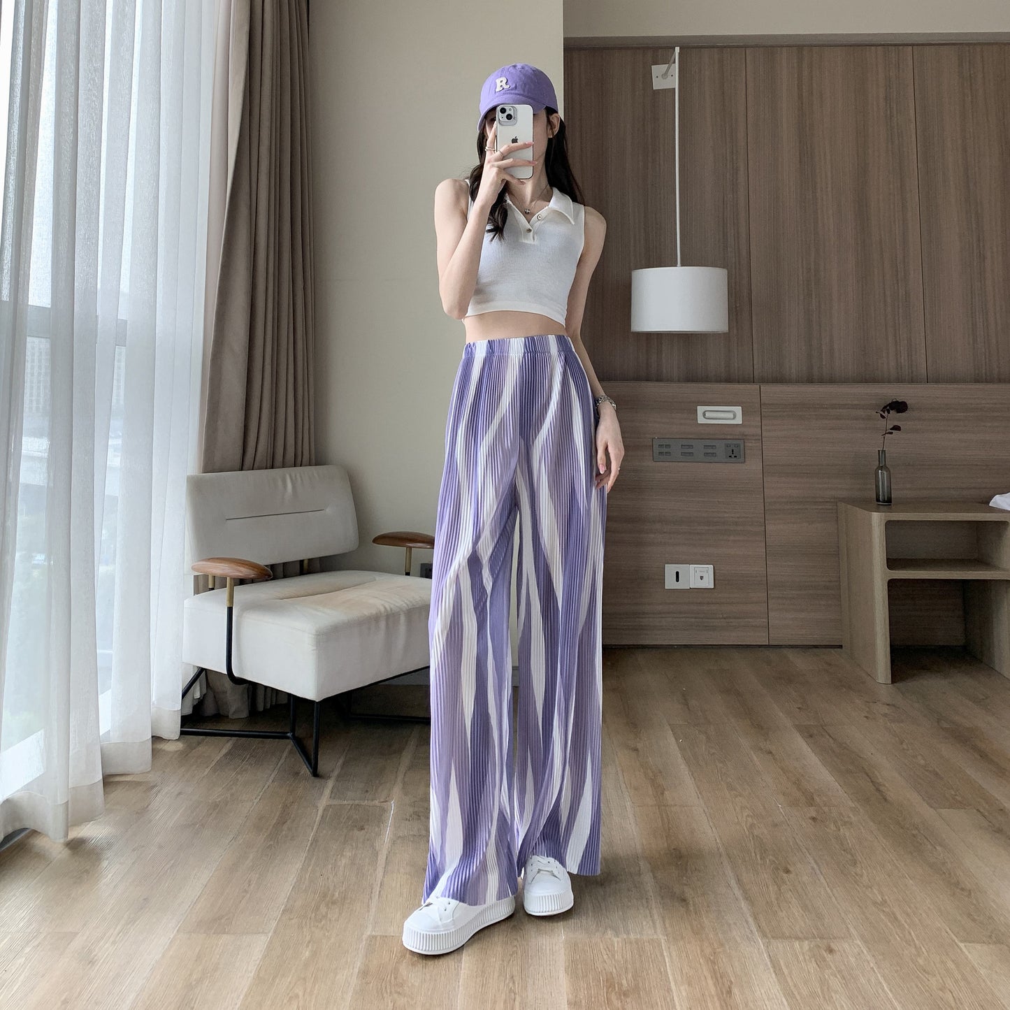 Casual High-Waisted Draping Tie-Dye Pleated Silky Straight Thin Pants