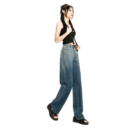 Rhinestone Straight Leg Draping Sensation Gradient High-Waisted Jeans