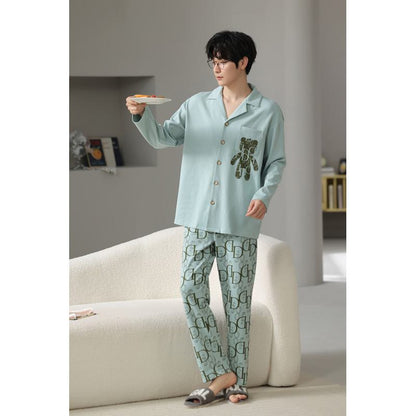 Conjunto de pijama de algodón puro con bolsillo de oso, botones delanteros de spandex y lycra.