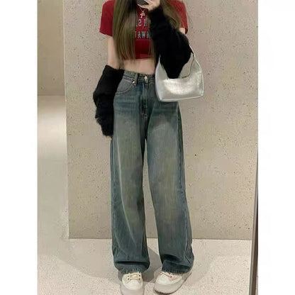 Worn-Out Look Pear-Shaped Straight Pants High-Waisted Retro Jeans