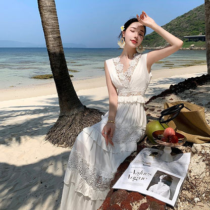 Hollowed-Out Beach White Lace Multi-Layer Dress