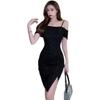 Hepburn Off-Shoulder Pailletten Französisch-Stil Cami Kleid