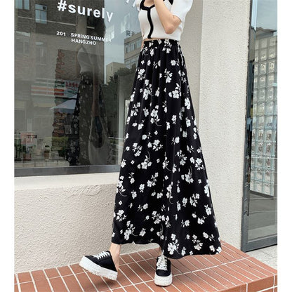 Falda de malla con cintura elástica, falda de hada con estampado floral y falda amplia elegante