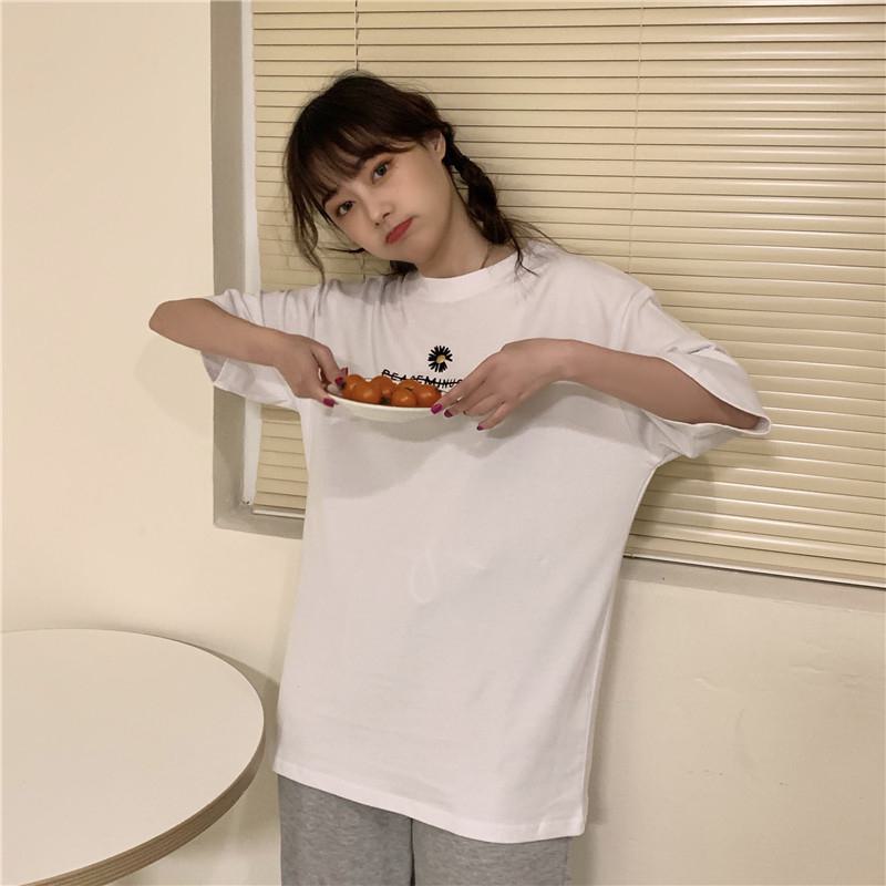 Camiseta de manga corta de algodón puro, amplia, versátil, adelgazante y de ajuste holgado