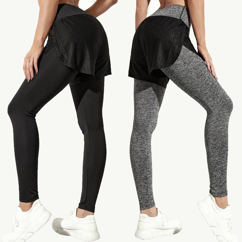 Solid Tight-Fitting Elasticity Faux Two-Piece Sports Fitness Hollowed-Out Sports Tights