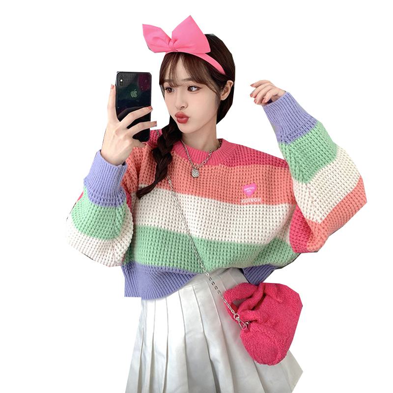 Stripe Pullover Cropped Plush Color Blocking Niche Sweater