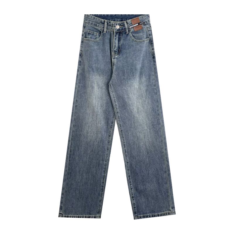 Jeans retro de pierna ancha, cintura alta y largo hasta el suelo informal.