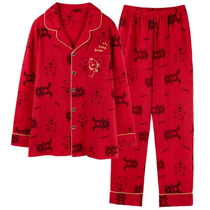 Pyjama-Set aus fest gewebter reiner Baumwolle mit Karomuster, Knopfleiste vorne, Cartoon-Bärenmotiv