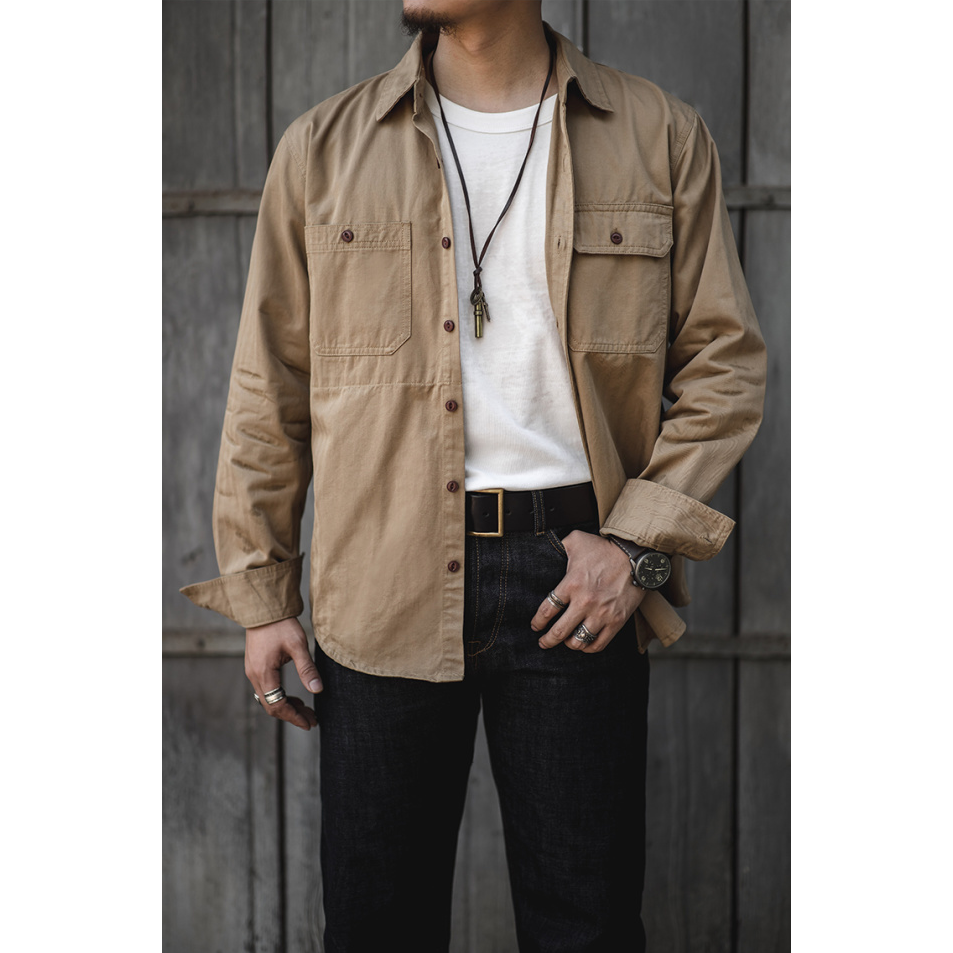 Retro Patched Pocket Workwear Style Button Loose Fit Long Sleeve Shirt