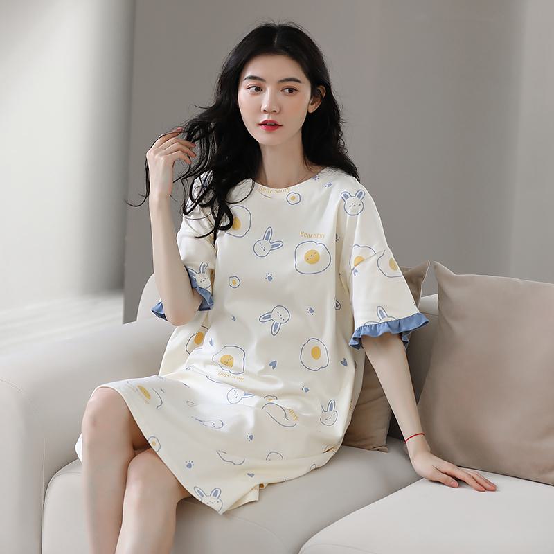 Pleated Off-White Tightly Woven Pure Cotton Bunny Lounge Dress