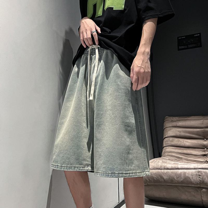 Versatile Elastic Waist Drawstring Waist Loose Fit Washed Trendy Denim Shorts