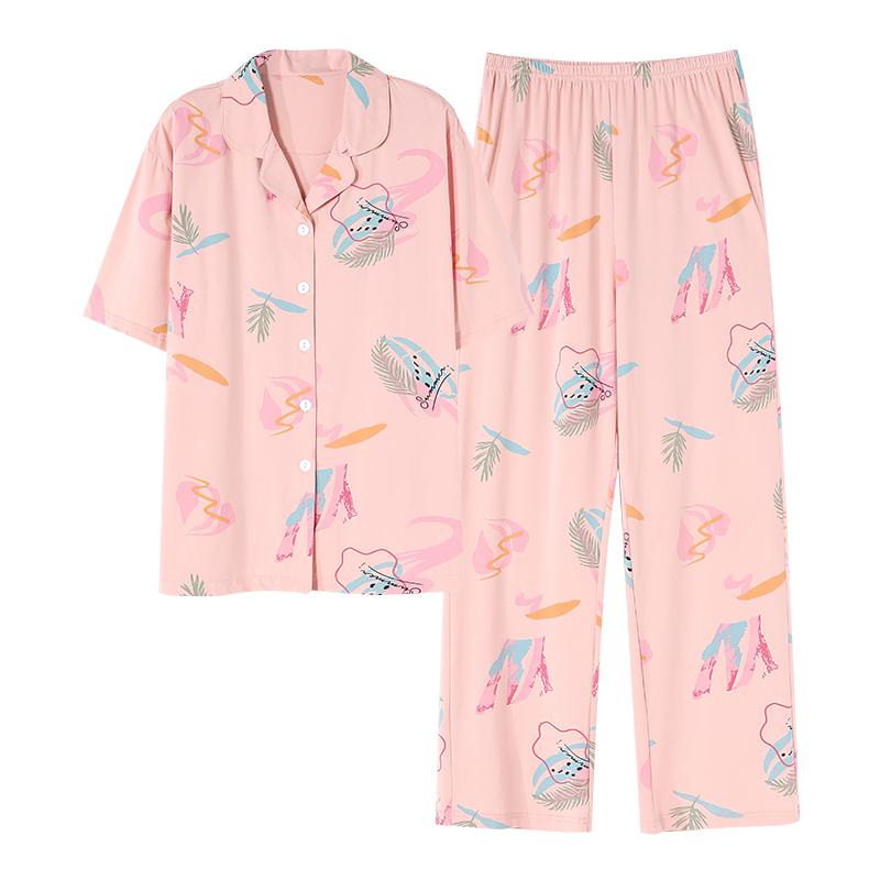 ボタンフロントのピンクプラントかわいいパジャマセット