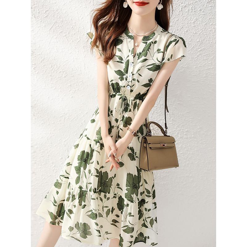 Belted Slimming Texture Floral Print Daily French Style Dress
