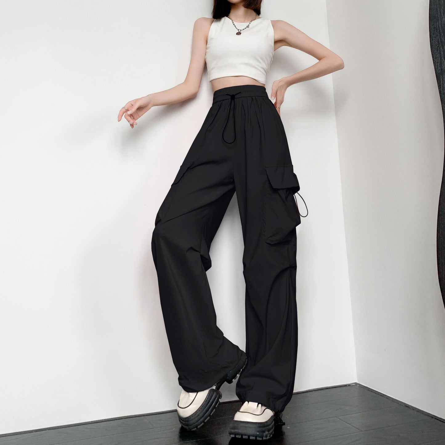 Quick-Drying Solid Color Thin High-Waisted Street Style Versatile Cargo Pants