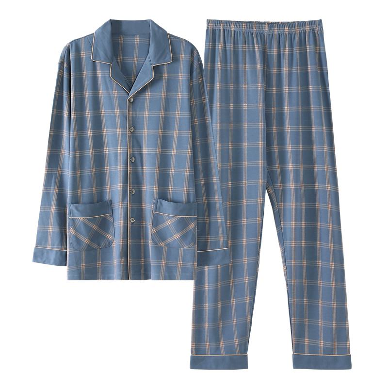 Conjunto de pijama con botones delanteros a cuadros en azul con solapa de algodón estampado