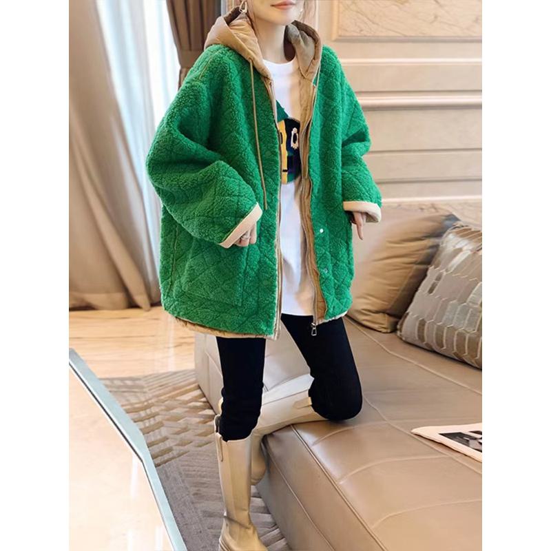 Manteau teddy à capuche en velours de mouton vert épais et doublé