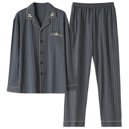 Baumwoll-Crash-Farblapel-Taschenknopfleiste-Streifen-Pyjama-Set.