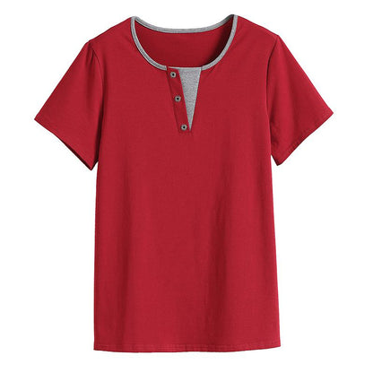 Camiseta de manga corta de algodón puro suelto con cuello en V y apariencia de dos piezas anti-envejecimiento.