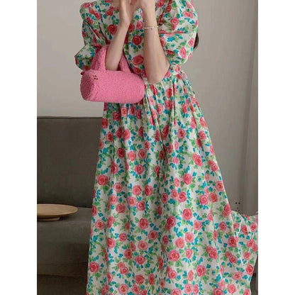 Elegantes, tailliertes A-Linien-Kleid mit Retro-Blumenmuster, Rundhalsausschnitt