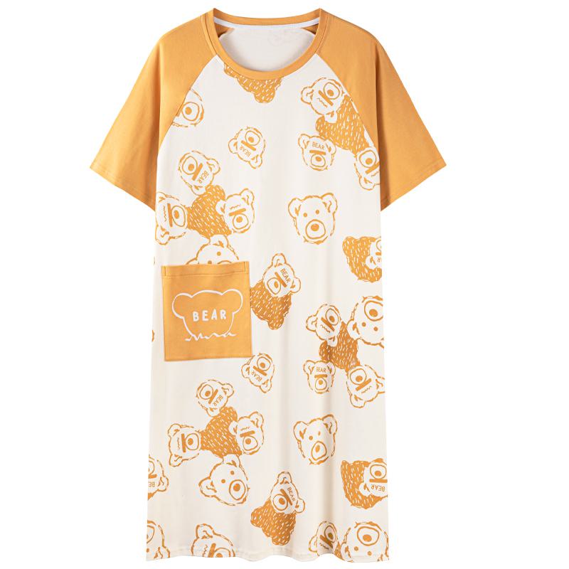 Cartoon Pocket Tightly Woven Pure Cotton Bear Pattern Lounge Dress