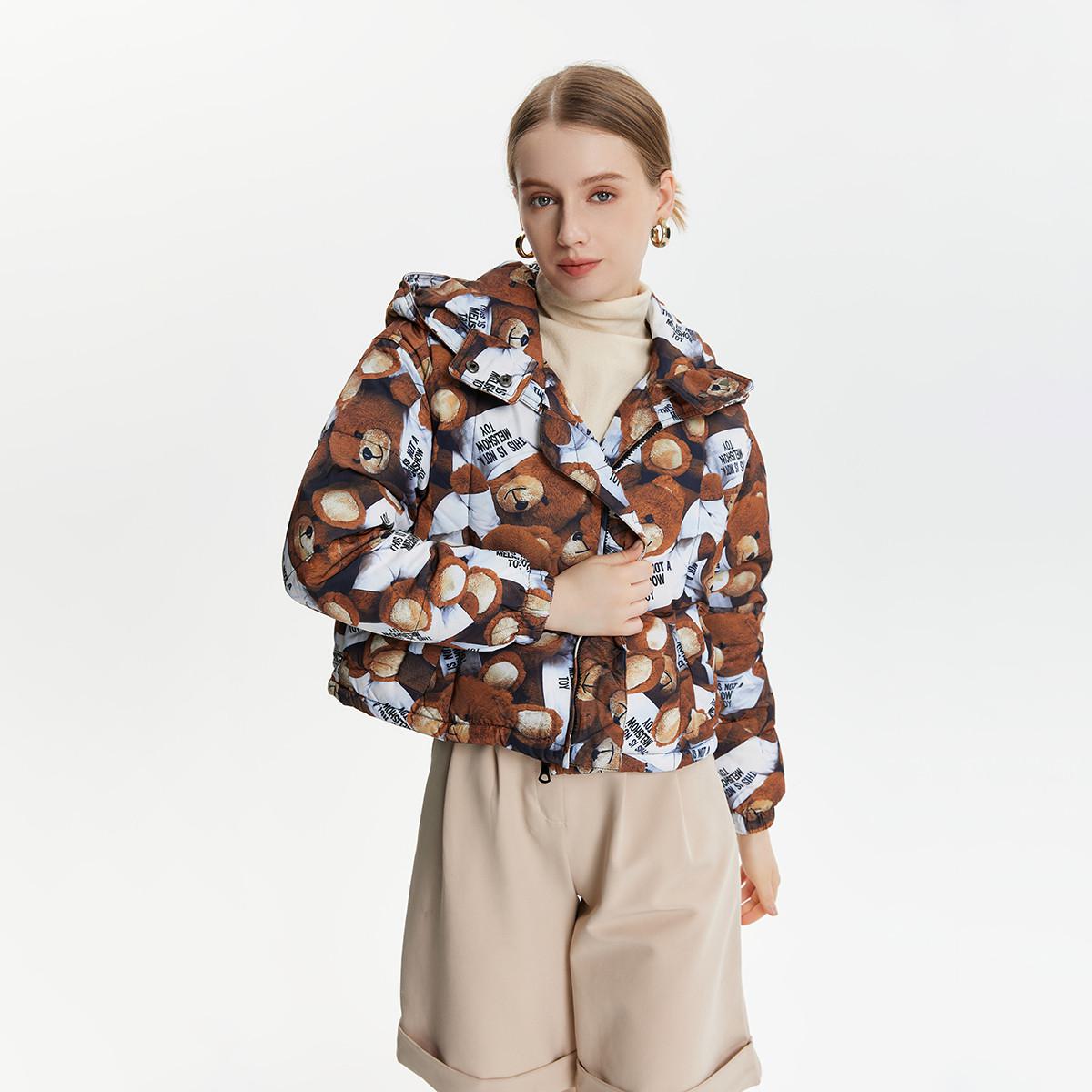 Kapuzen-Cropped-Teddy-Print-Daunenjacke mit dicker Fütterung