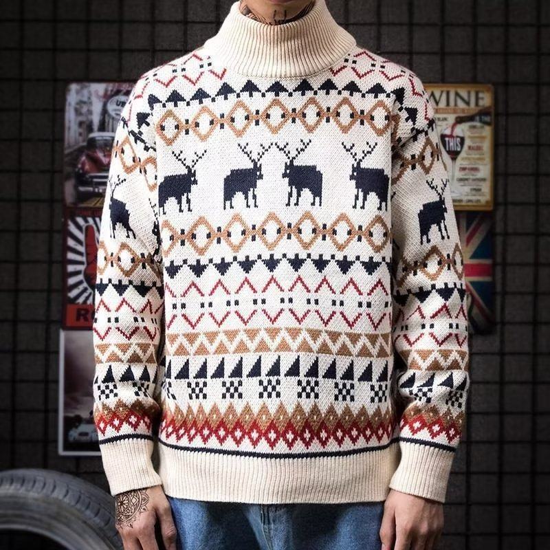 Pull tricoté droit et épais à col mi-haut tendance en rouge avec des rennes.