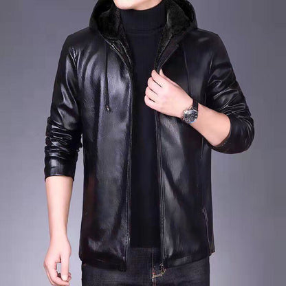 Fleece-Lined Insulated Hooded Leather Jacket