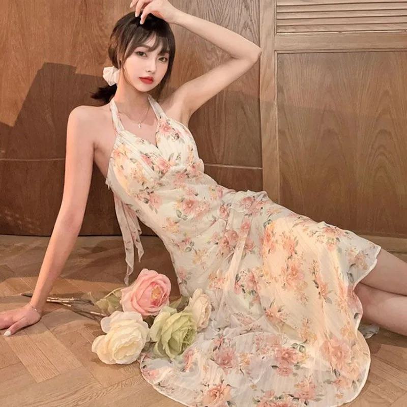 Vestido de cintura fruncida estilo francés elegante con estampado floral y cuello halter "First Love Niche"