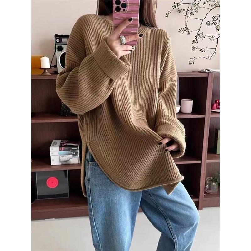 Chic Retro Round Neck Midi Pit Strip Worn Outside Knitted Loose Fit Sweater