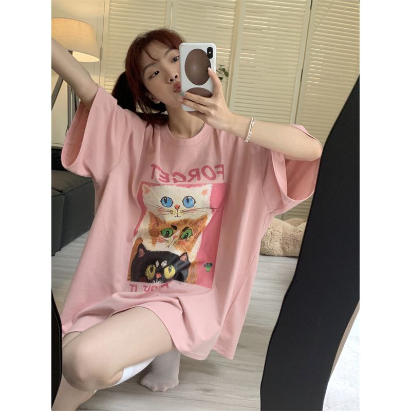 Women's T-Shirt Pink Midi Lazy Print Short Sleeve Tee