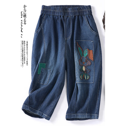 Embroidery Slimming Loose Fit Wide Leg Capri Jeans