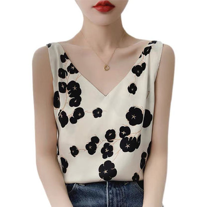 Print Niche French Style Mulberry Silky Worn Outside Tank Top