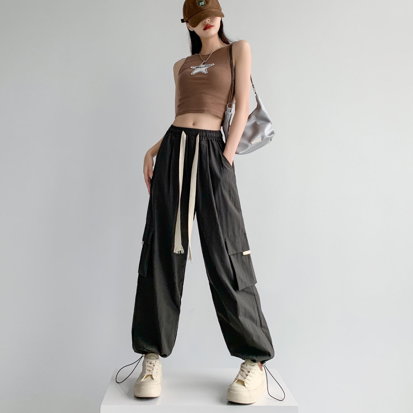 Loose-Fit Casual Silky High-Waisted Multi-Pocket Quick-Drying Sash Wide-Leg Cargo Pants