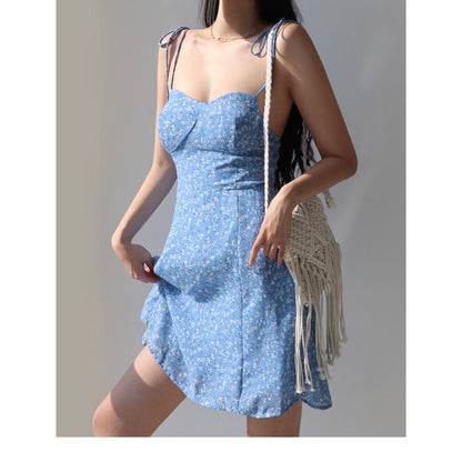 Vestido de cintura ajustada estilo francés con estampado floral retro, con lazada, tipo A, azul, ideal para vacaciones.
