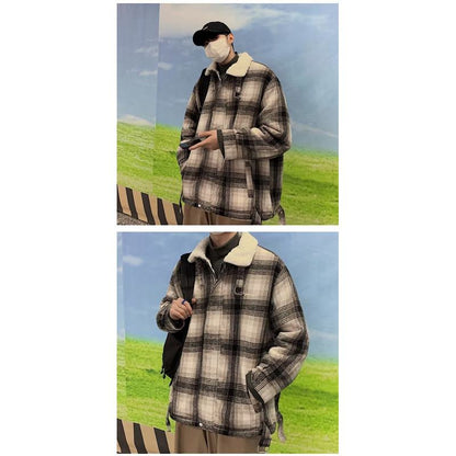Abrigo de franela gruesa con parches de moda y cuello de solapa de lana