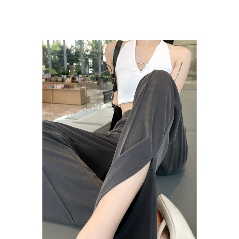 Pantalones rectos casuales de seda de amoníaco de cobre con protección solar sedosa y dividida.