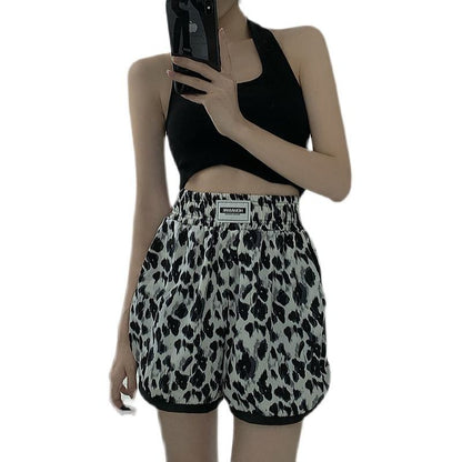 Loose Fit Sports Wide-Leg Thin Leopard Print High-Waisted Shorts