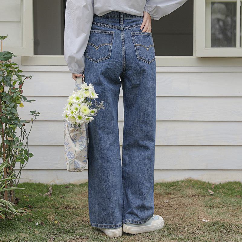 جينز واسع الساق متعدد الاستخدامات، بلون صلب، مريح وطراز مستقيم عالي الخصر.