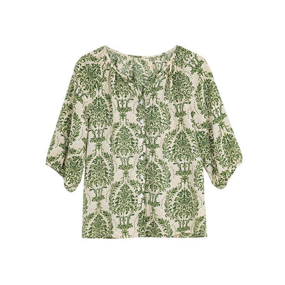 Chiffon Exquisite V-Neck Floral Print Thin Half-Sleeve Blouse