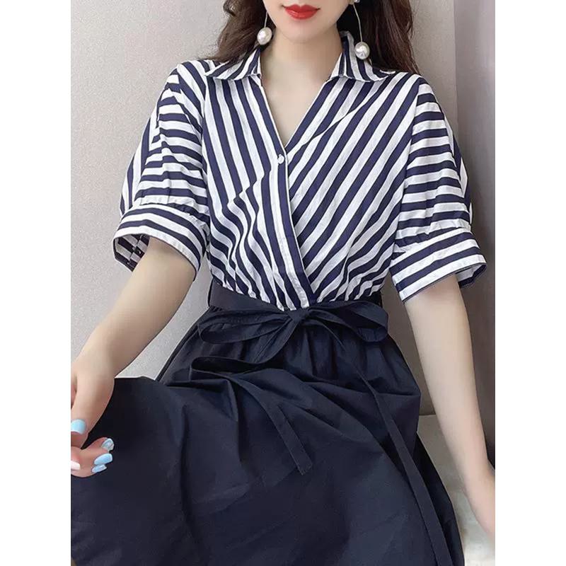 V-Neck French Style Stripe Patchwork Light Elastic Dress