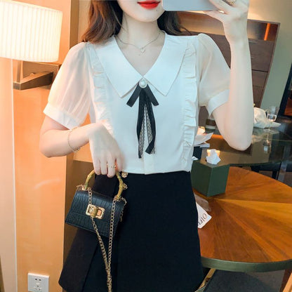 Fairy Ruffle Trim Chiffon Bow Tie Blouse