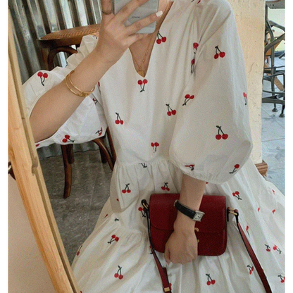 V-Neck Bubble Sleeve Gentle Retro Floral Print French Style Dress
