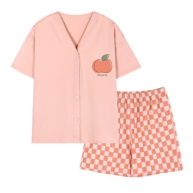 Ensemble de pyjama mignon rose à boutons devant et col en V style pomme