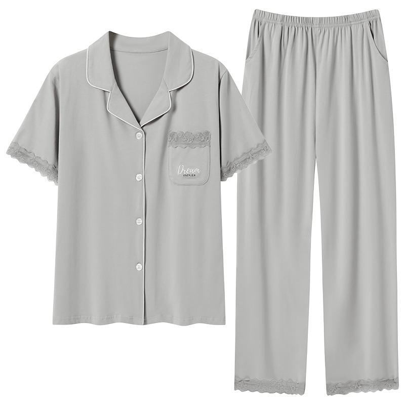 Conjunto de pijama de algodón puro de manga corta con botones en la parte delantera, bolsillo y color sólido con Lycra.