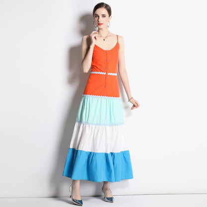 Full Skirt Style High-Waisted Patchwork A-Line Color Blocking Dress